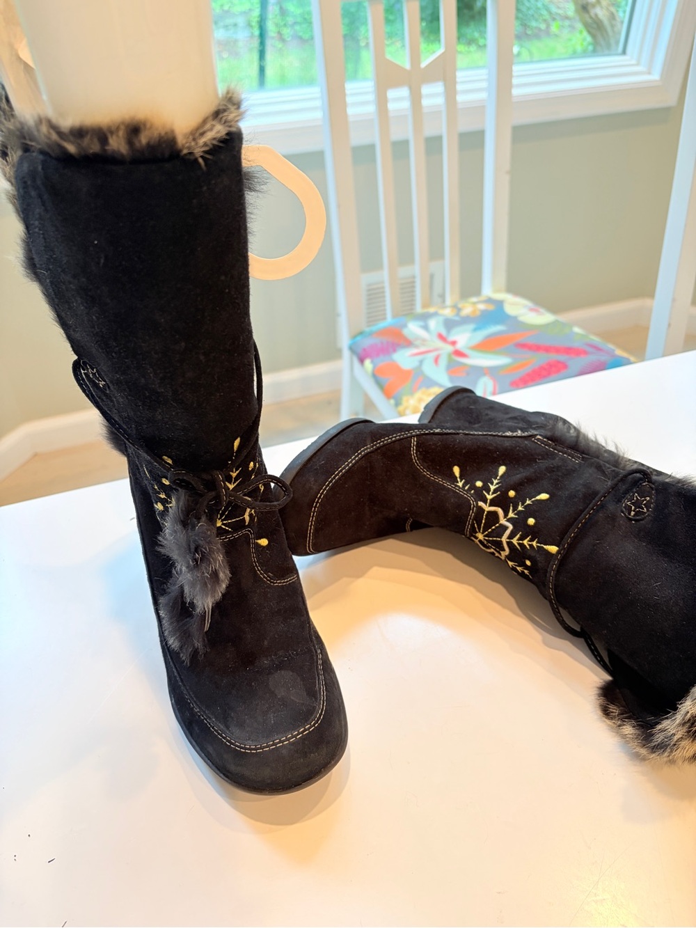 me too Black Suede Faux-Fur Trim Winter Boots with Embroidered Branch Detail